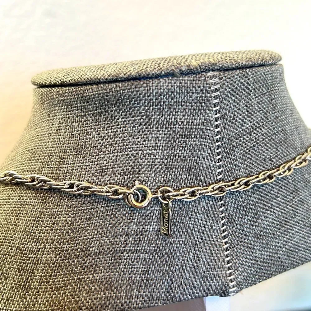 Elegant Long Monet Necklace with Statement Silver Tone Pendant